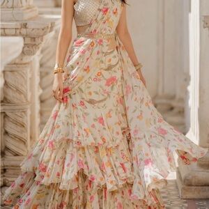Indian Lengha - Floral Pink and Cream